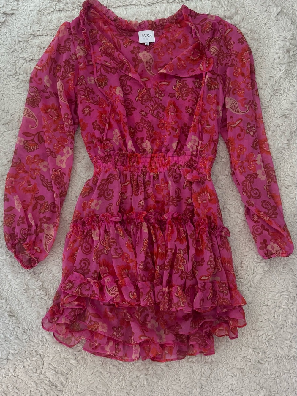 Misa Los Angeles Fuchsia Floral Long-Sleeve Ruffle Dress